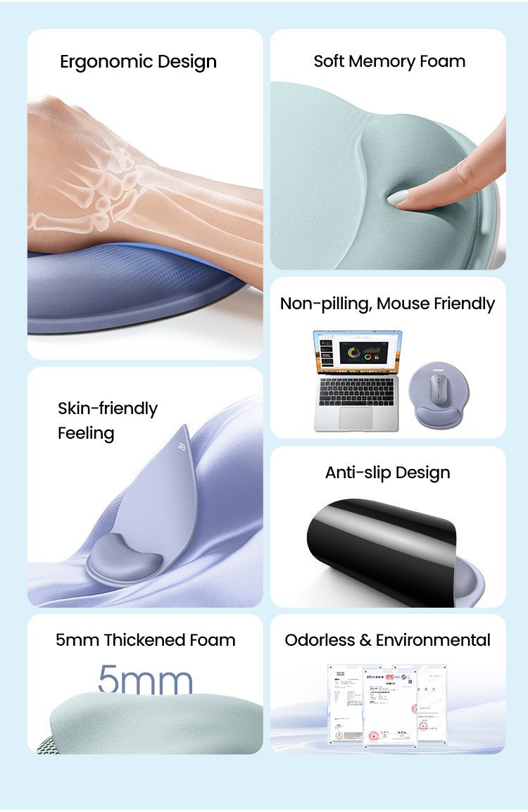 UGREEN Ergonomic Mouse Pad with Wrist Rest Support Soft Skin friendly Memory Foam Anti slip Design - Image 4